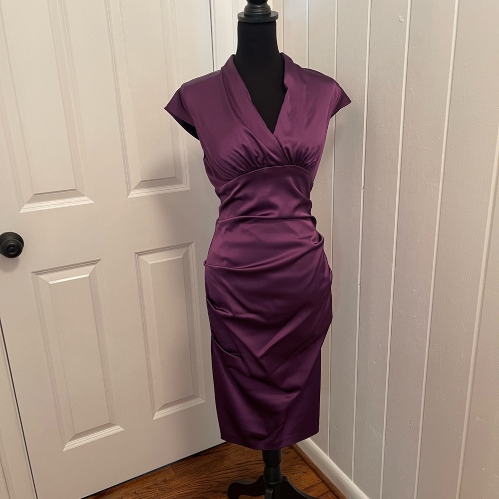 Xscape Satin Midi Dress in Deep Purple
